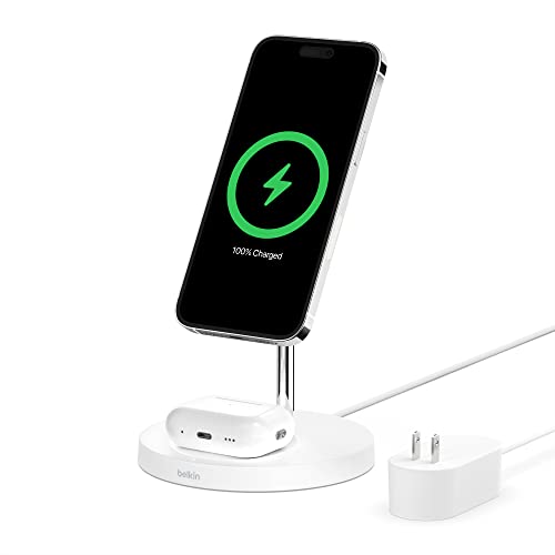 Belkin BOOSTCHARGE PRO 2-in-1 Wireless Charger Stand with MagSafe - White (Certified Refurbished)