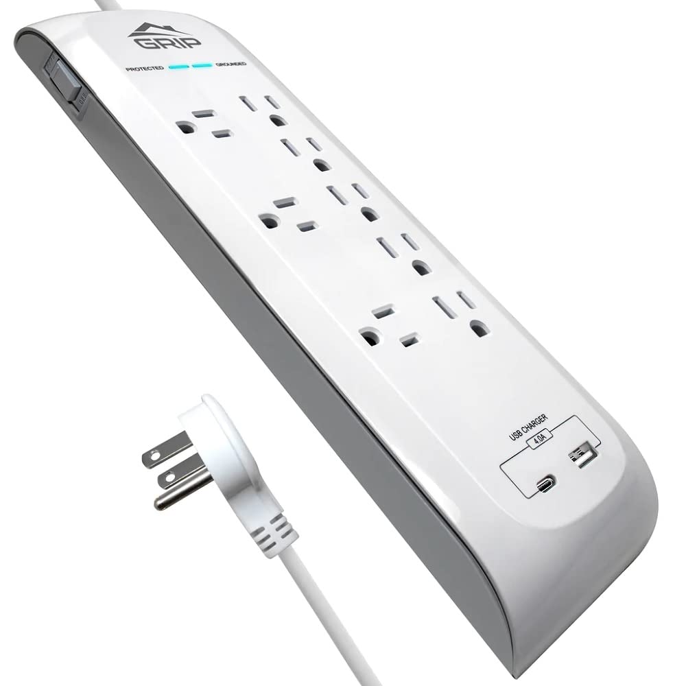 GRiP 8 Outlet Surge Protector w/USB & USB-C Ports and Flat Plug - White (New)