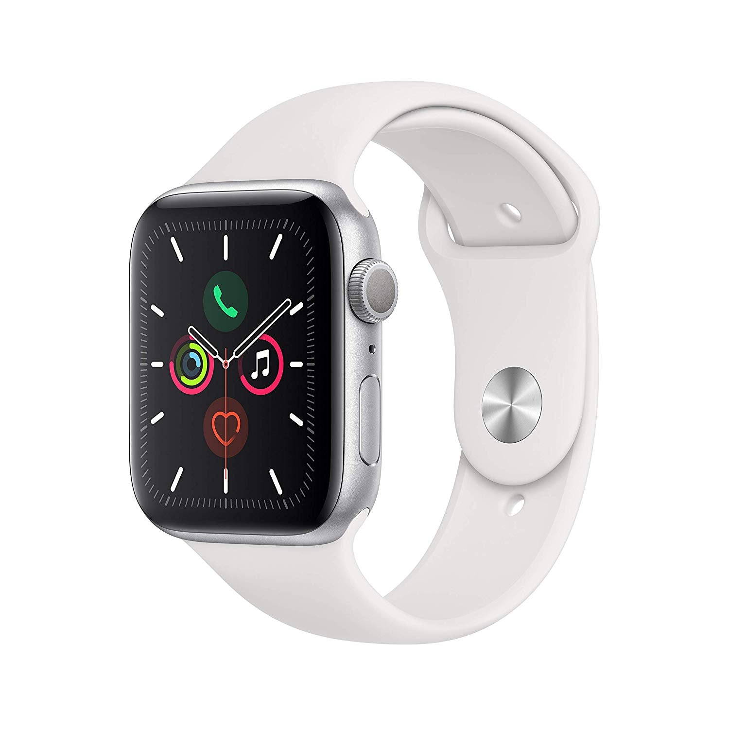 Apple Watch Series 5 GPS w/ 44MM Silver Aluminum Case & White Sport Band (Renewed)