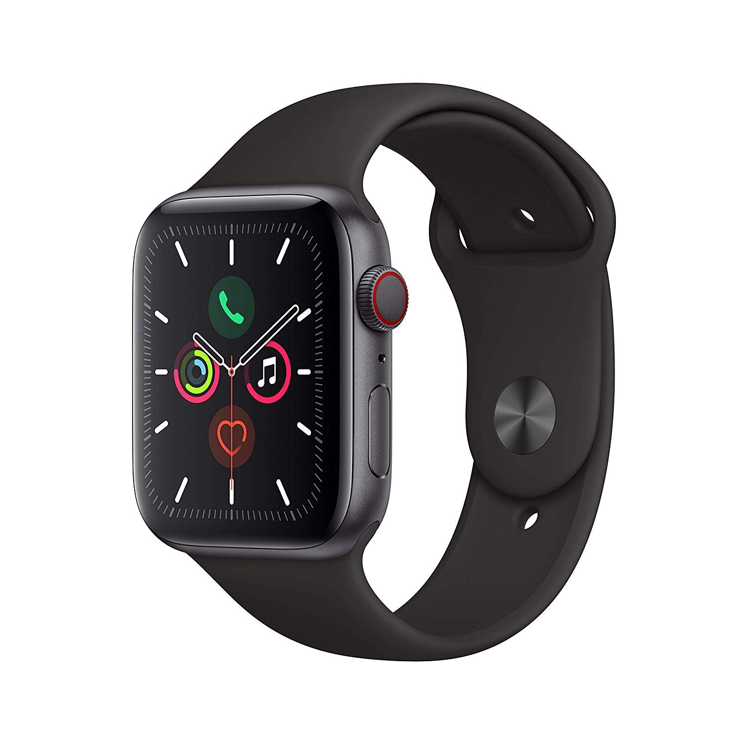 Apple Watch Series 5 (GPS + LTE) 44mm Space Gray Aluminum Case & Black Sport Band (Renewed)