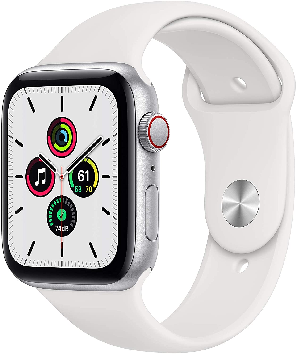 Apple Watch SE 1st Gen (GPS + LTE) 44mm Silver Aluminum Case & White Sport Band (Renewed)