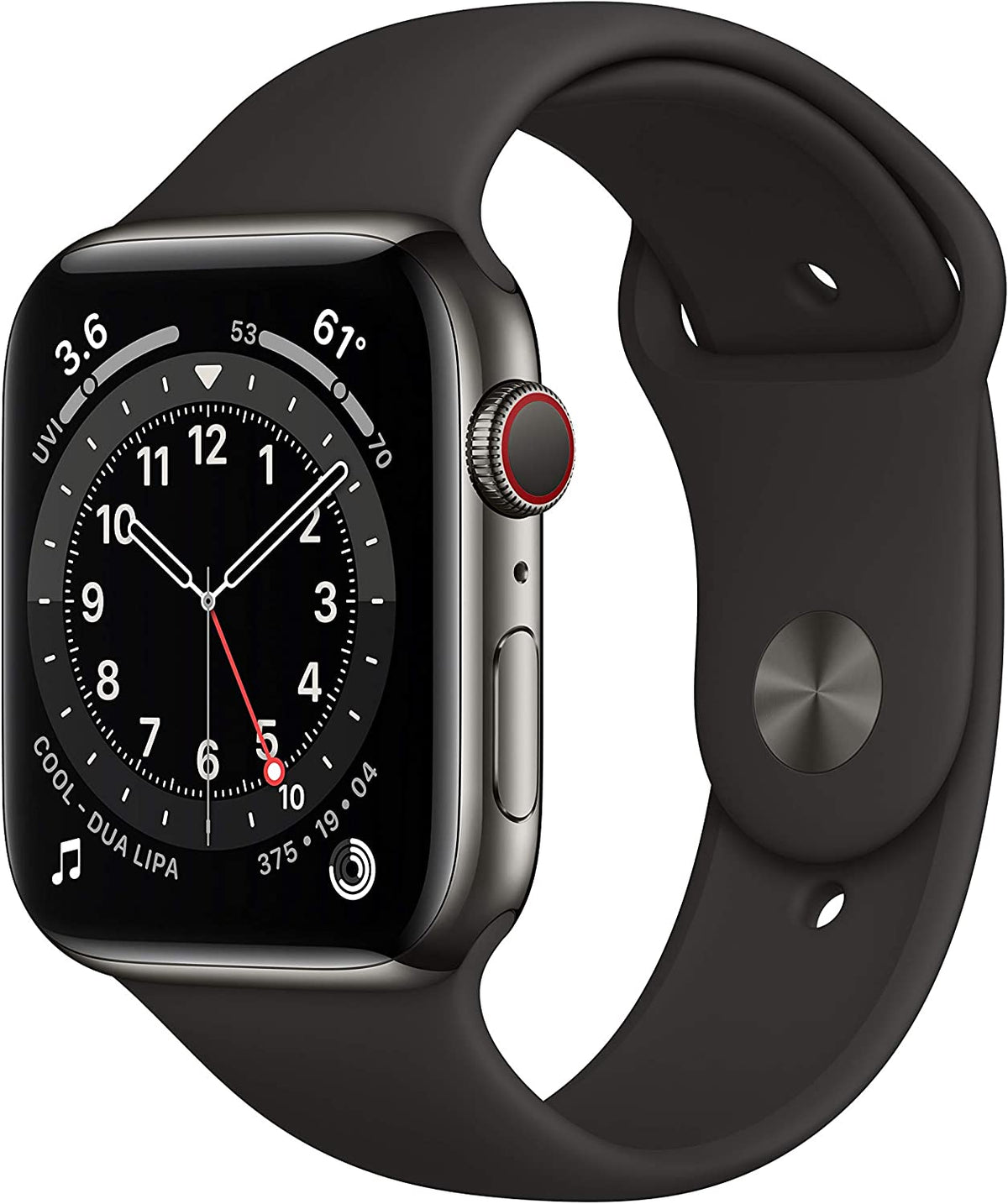 Apple Watch Series 6 (GPS + LTE) 44mm Graphite Stainless Steel Case & Black Sport Band (Renewed)