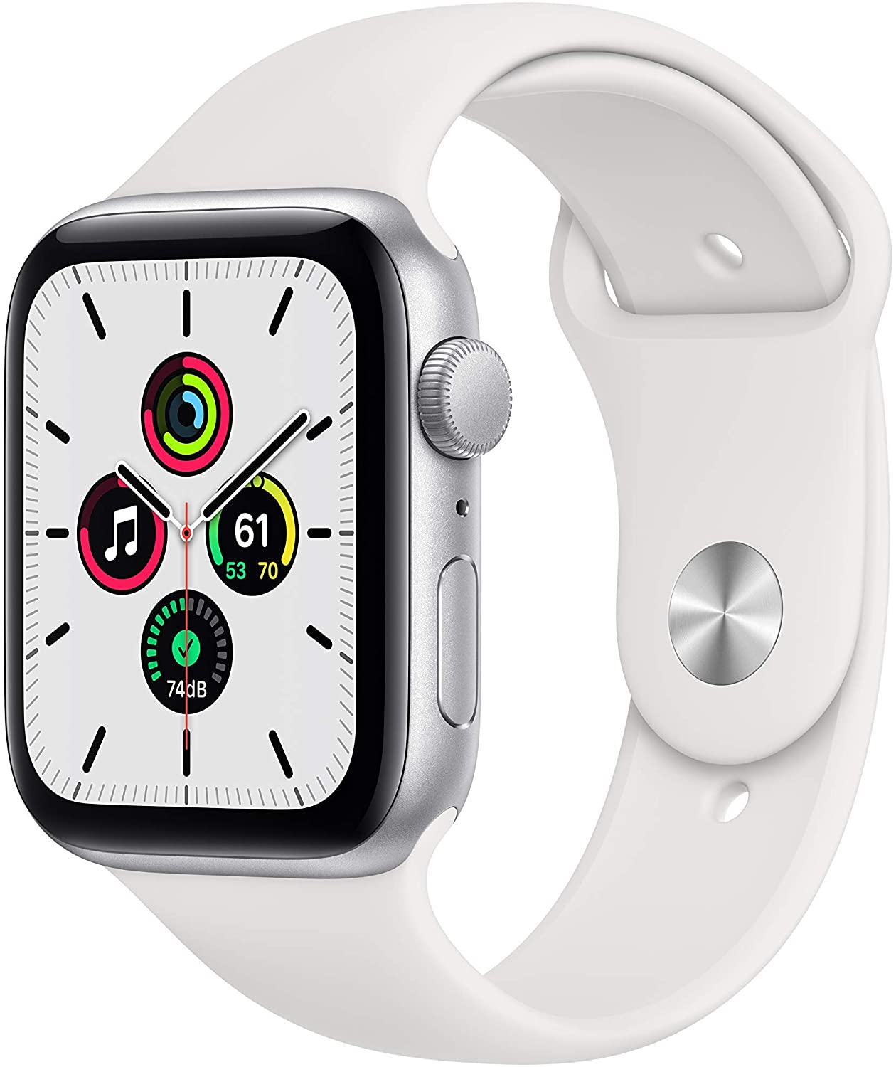 Apple Watch Series SE GPS w/ 44MM Silver Aluminum Case & White Sport Band (Renewed)