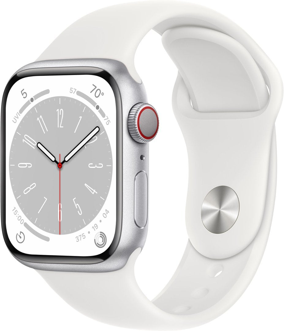 Apple Watch Series 8 (2022) 41mm GPS + Cellular - Silver Aluminum Case & White Sport Band (Renewed)