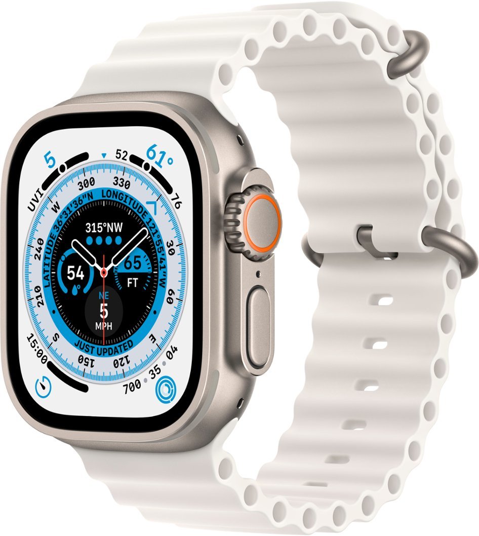 Apple Watch Series Ultra - Titanium Case w/ White Ocean Band, Unlocked, 49mm - Renewed