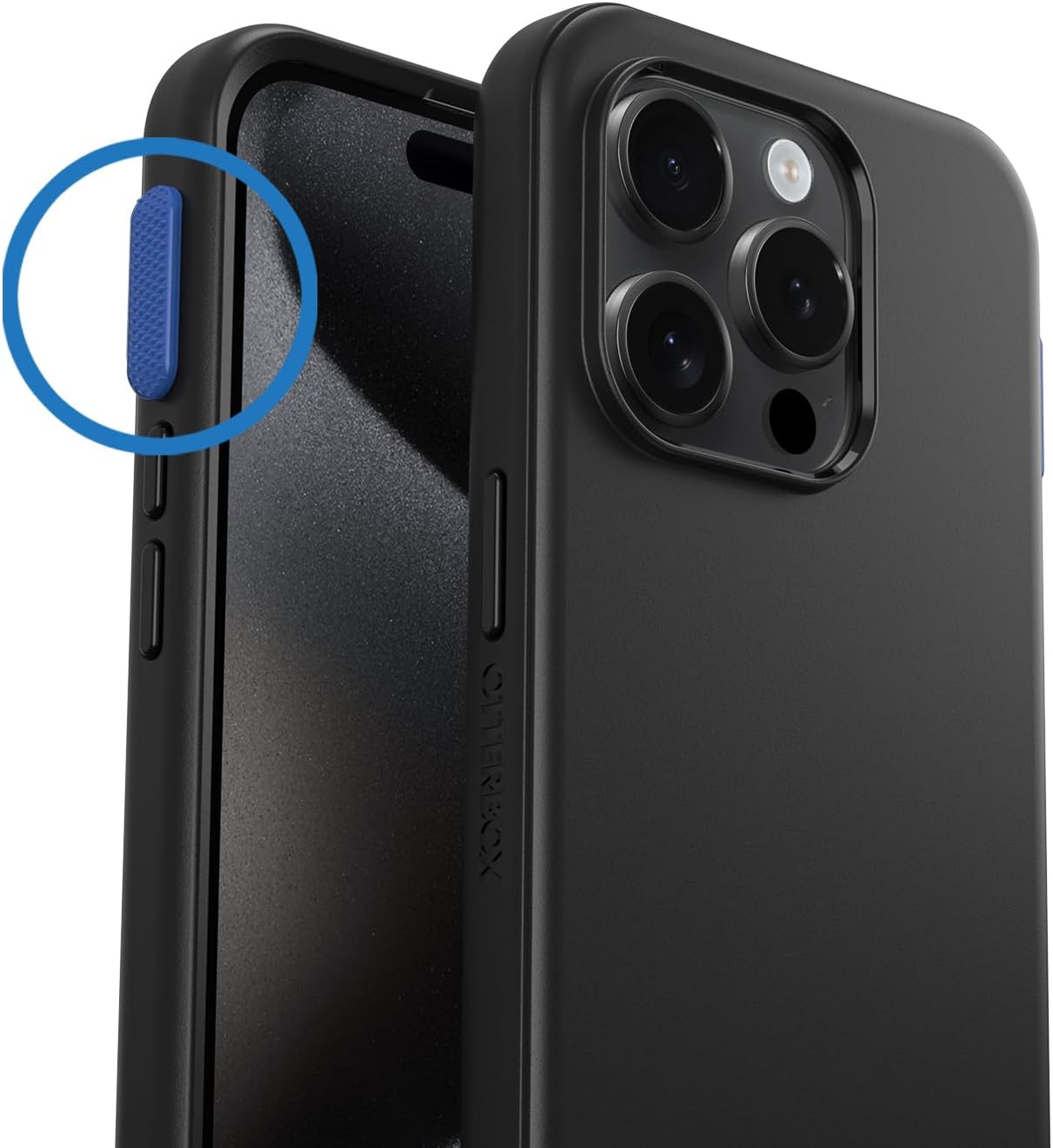 OtterBox SYMMETRY SERIES Case with Enhanced Action Button for iPhone 15 Pro - Black with Blue Button (Certified Refurbished)