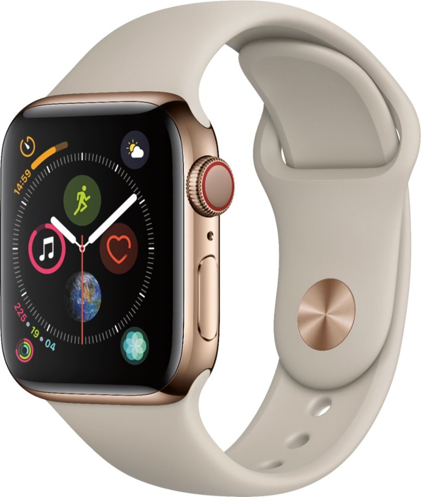 Apple Watch Series 4 (2018) 40mm GPS + Cellular - Gold Stainless Steel Case & Stone Sport Band (Renewed)