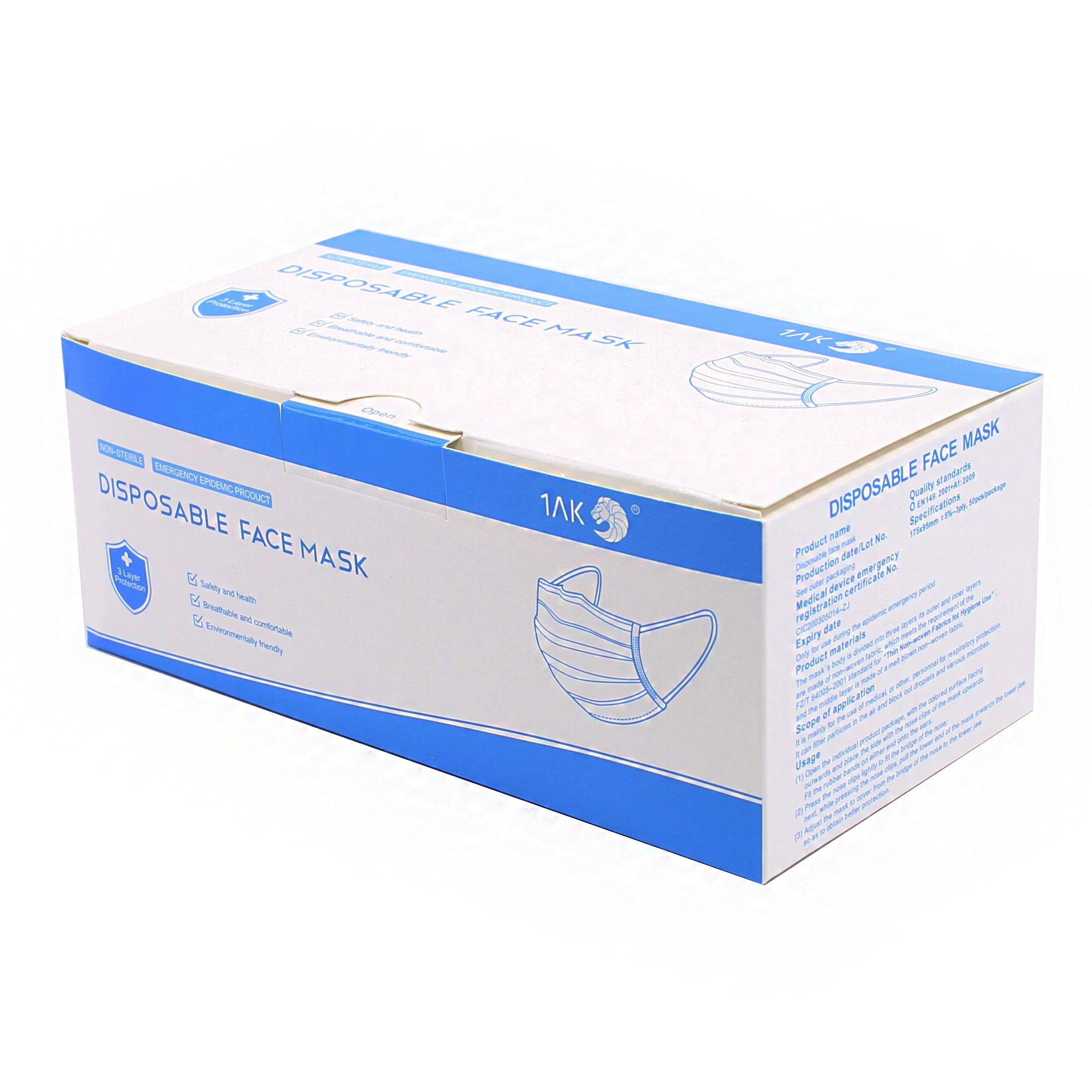1AK Disposable 3-Ply Protective Face Masks 50 Pack (New)