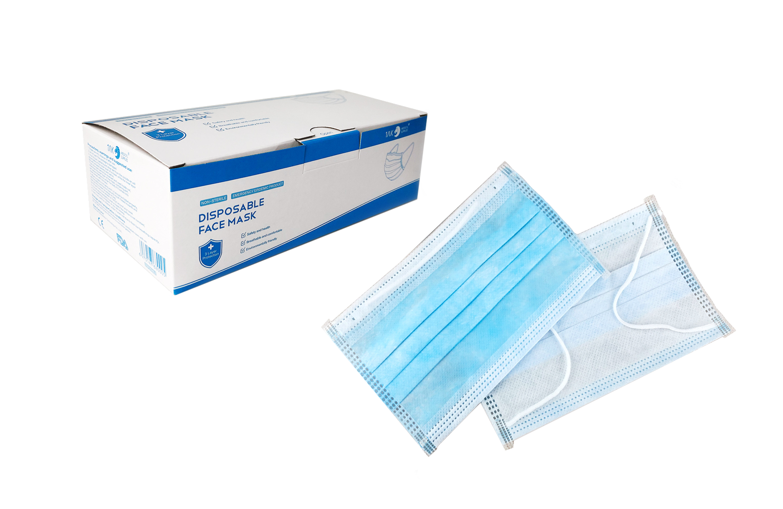1AK Disposable 3-Ply Protective Face Masks 100 Pack (New)