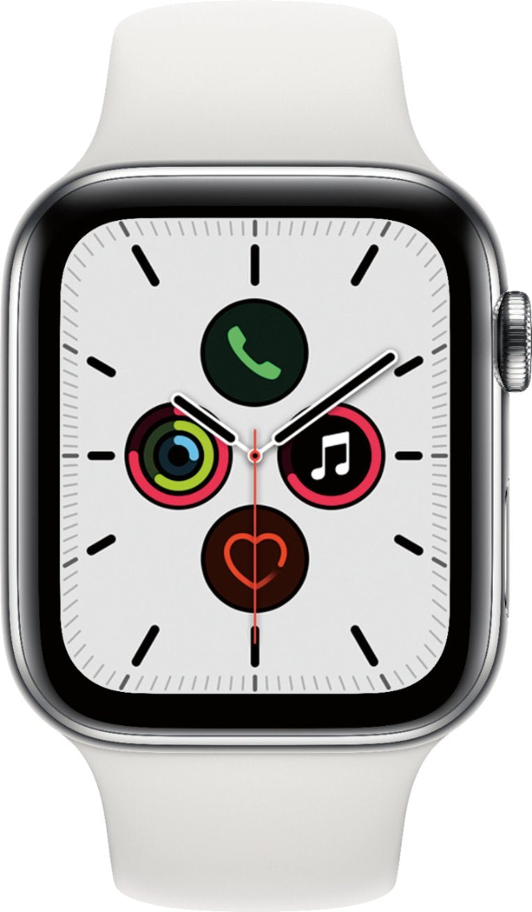 Apple Watch Series 5 (2019) 44mm GPS + Cellular - Stainless Steel Case & White Sport Band (New)