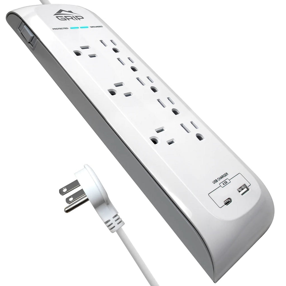 GRiP 8 Outlet Surge Protector w/USB & USB-C Ports and Flat Plug - White (New)