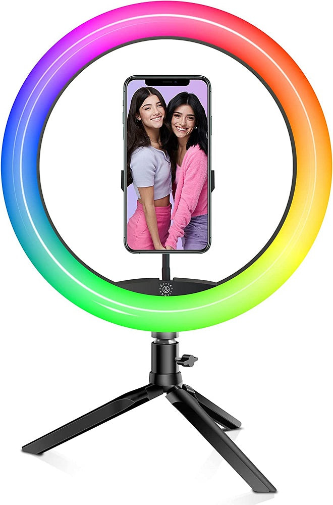 Dixie & Charli 10" Color LED Ring Light w Stand, Phone Holder & Remote - Black