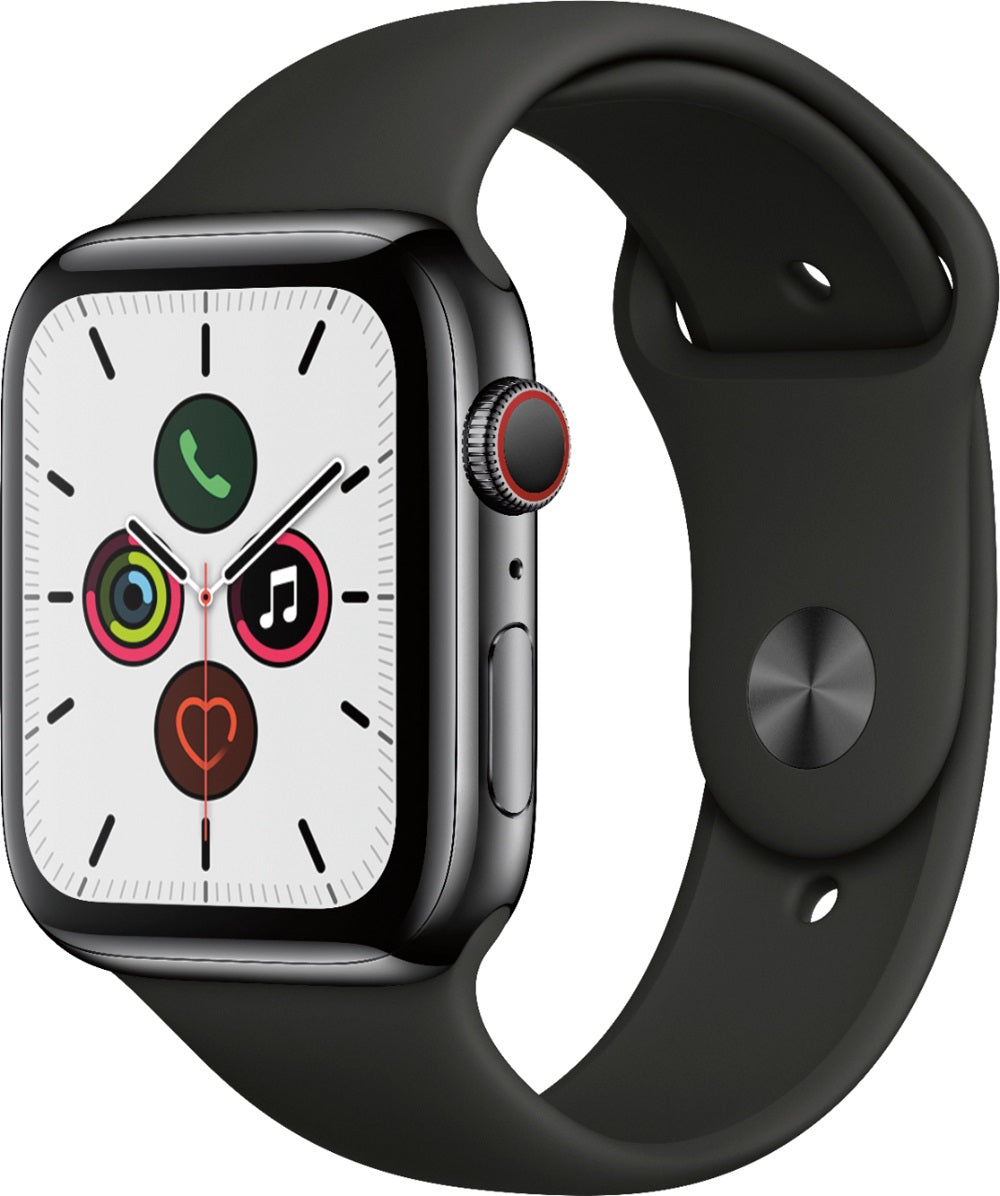 Apple Watch Series 5 (2019) 44mm GPS + Cellular - Black Stainless Steel Case & Black Sport Band (Pre-Owned)