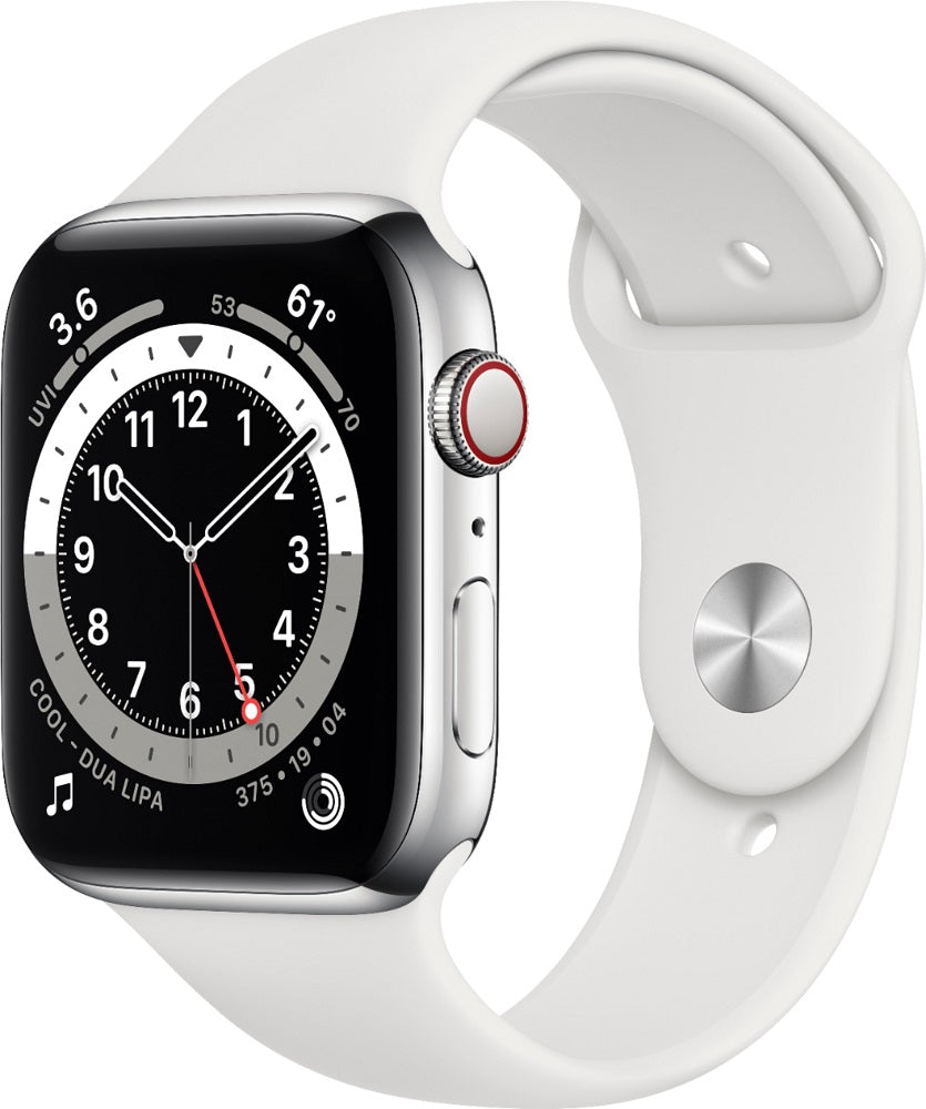Apple Watch Series 6 (2020) 44mm GPS + Cellular - Stainless Steel Case & White Sport Band (Pre-Owned)