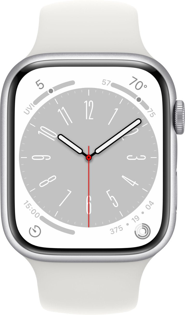 Apple Watch Series 8 (GPS + LTE) 45mm Silver Aluminum Case & White Sport Band (Renewed)