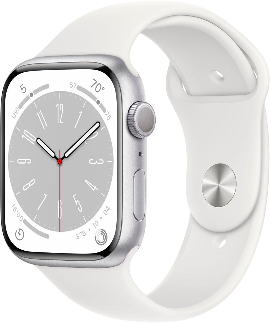 Apple Watch Series 8 (GPS + LTE) 45mm Silver Aluminum Case & White Sport Band (Renewed)