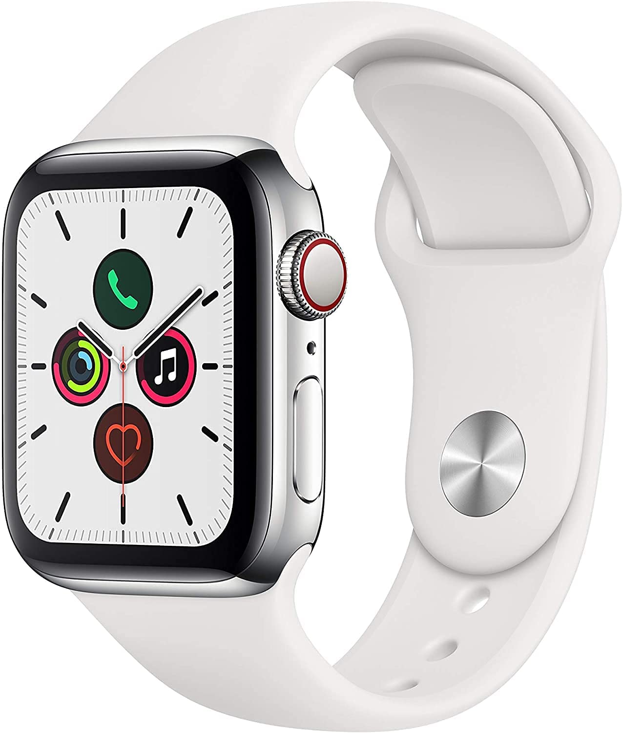Apple Watch Series 5 (GPS + LTE) 44mm Silver Stainless Steel Case & White Sport Band (New)