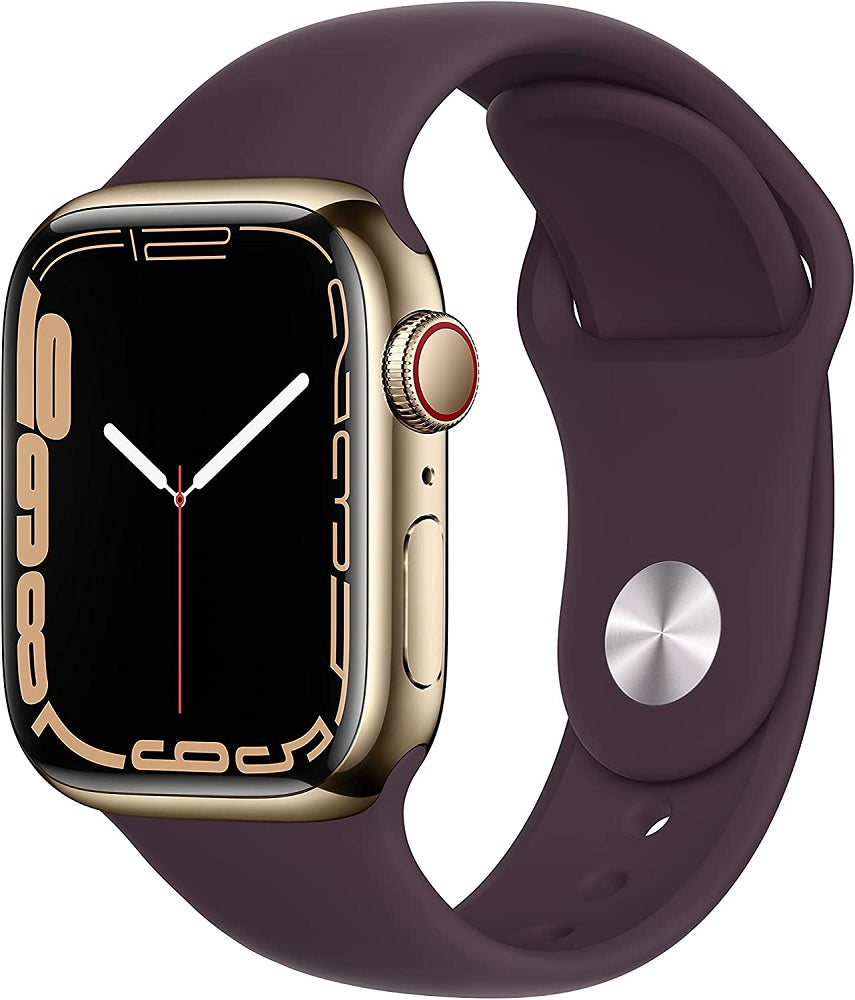 Apple Watch Series 7 (GPS + LTE) 41mm Gold Stainless Steel Case & Dark Cherry Sport Band (Pre-Owned)