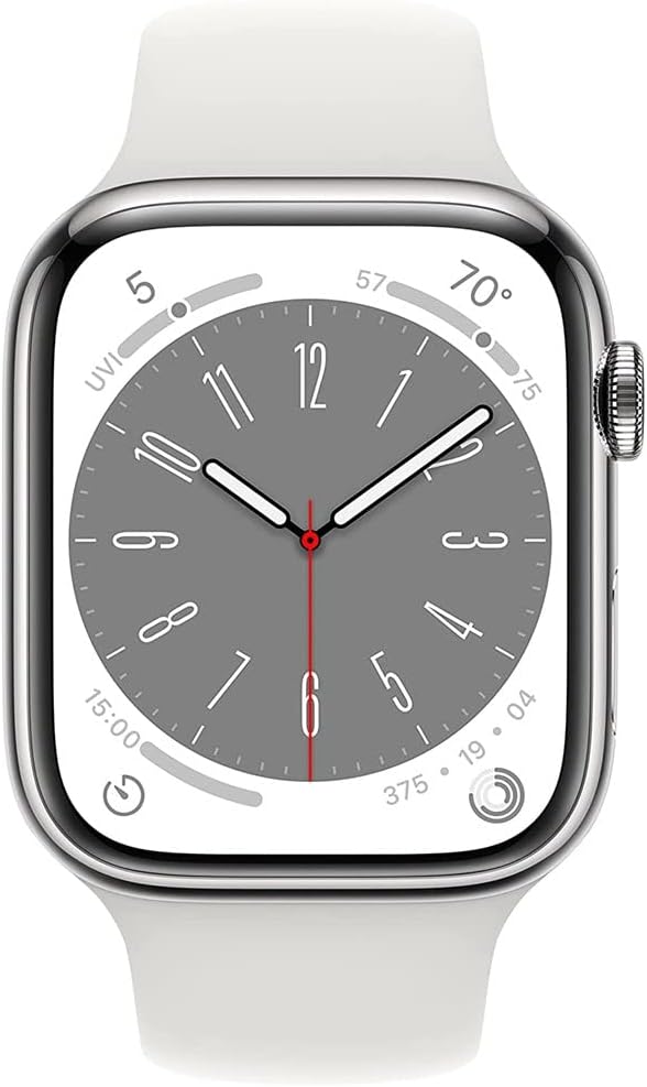 Apple Watch Series 8 (2022) 45mm GPS + Cellular - Stainless Steel Case & White Sport Band (Refurbished)