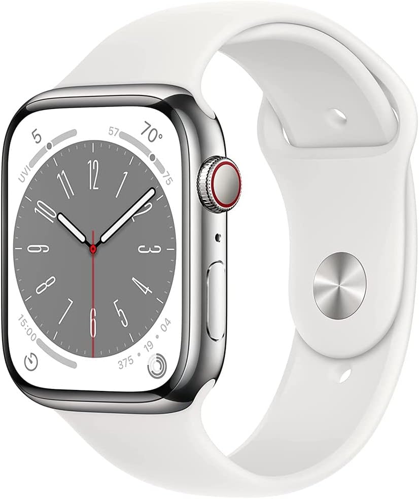 Apple Watch Series 8 (2022) 45mm GPS + Cellular - Stainless Steel Case & White Sport Band (Certified Refurbished)