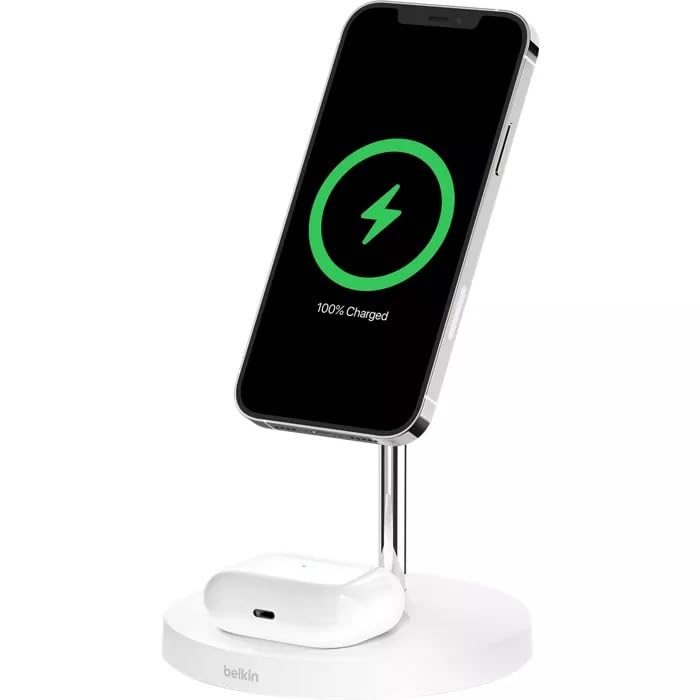 Belkin BOOSTCHARGE PRO 2-in-1 Wireless Charger Stand with MagSafe - White (Certified Refurbished)