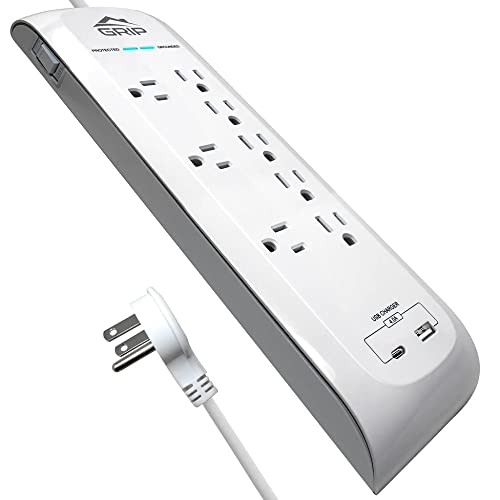 GRiP 8 Outlet Surge Protector w/USB & USB-C Ports and Flat Plug - White (Certified Refurbished)