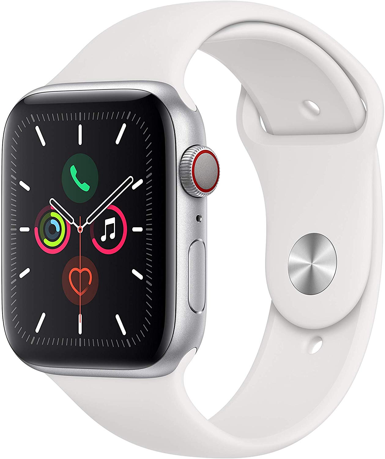 Apple Watch Series 5 (GPS + LTE) 44mm Silver Aluminum Case &amp; White Sport Band (Certified Refurbished)