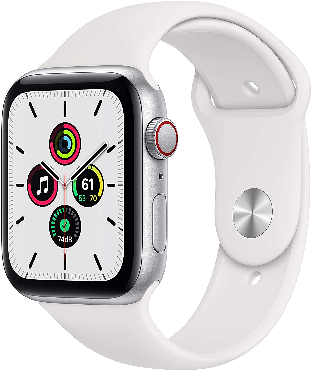 Apple Watch Series SE GPS+LTE w/ 44MM Silver Aluminum Case &amp; White Sport Band (Certified Refurbished)