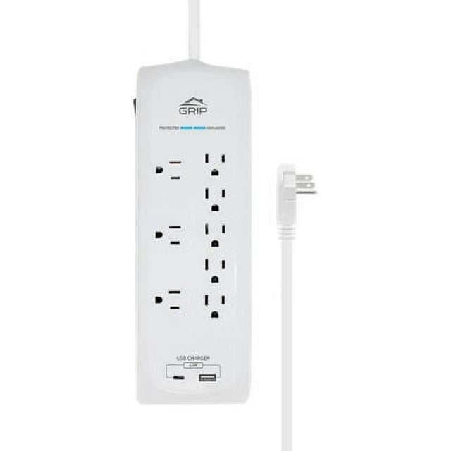 GRiP 8 Outlet Surge Protector w/USB & USB-C Ports and Flat Plug - White (Certified Refurbished)