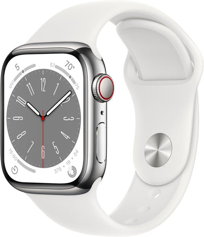 Apple Watch Series 8 (GPS + LTE) 41MM Stainless Steel Case White Sport Band  (Refurbished)