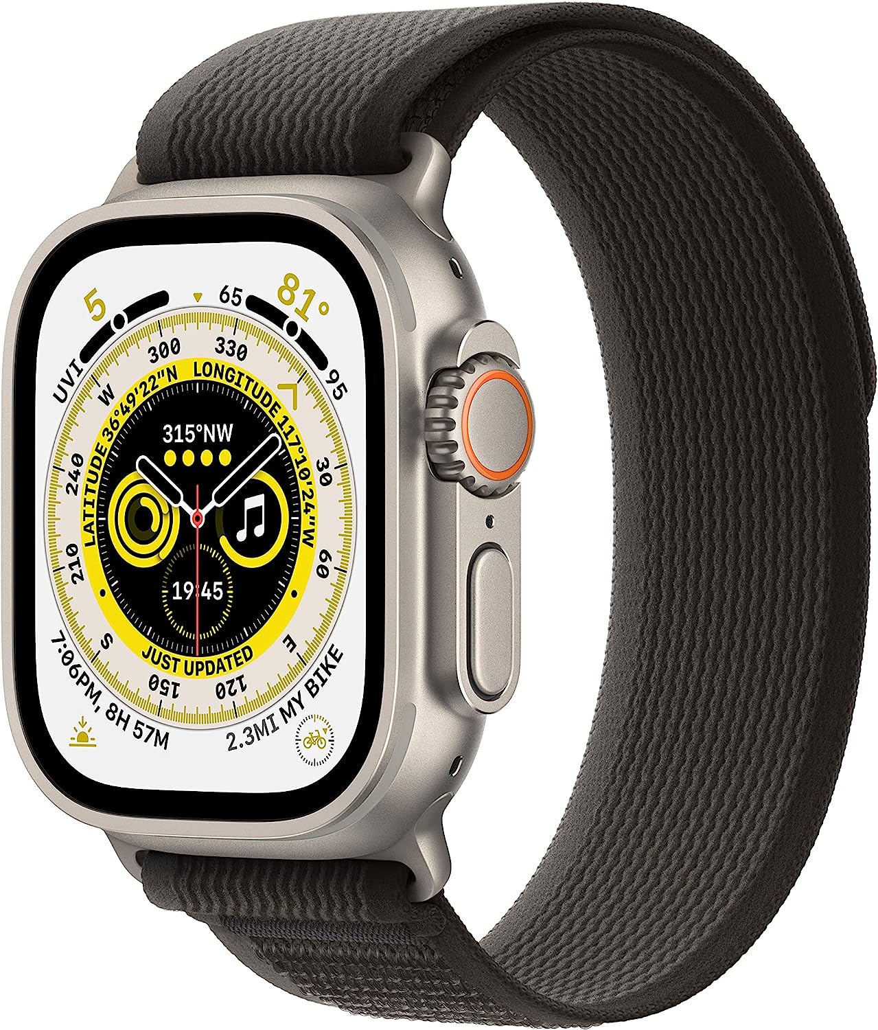 Apple Watch Ultra (GPS + LTE) 49mm Silver Titanium Case &amp; Black/Gray Trail Loop - S/M (Certified Refurbished)