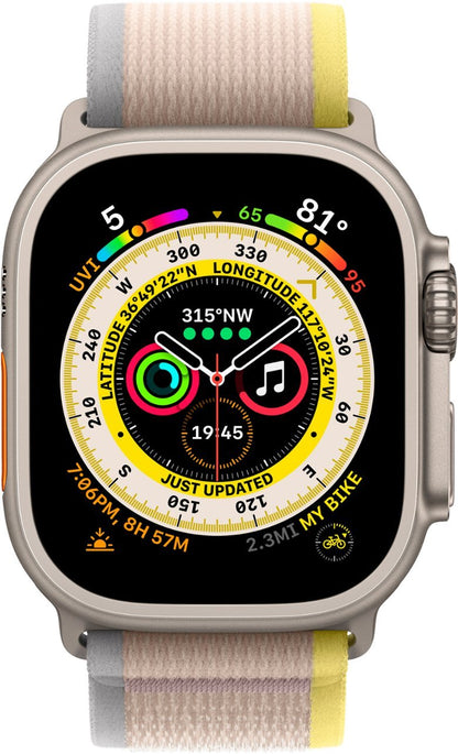 Apple Watch Ultra (GPS + LTE) 49mm Silver Titanium Case &amp; Yellow/Beige Trail Loop - S/M (Certified Refurbished)