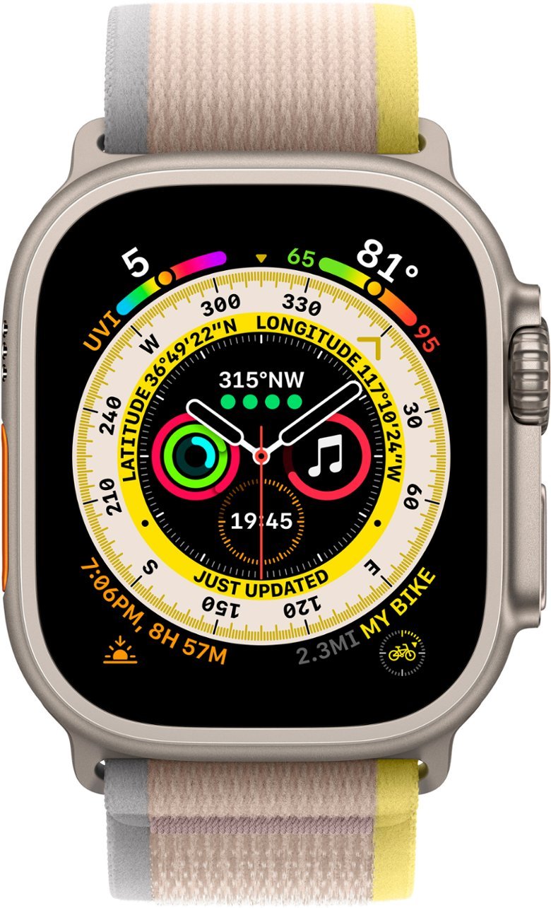 Apple Watch Ultra (GPS + LTE) 49mm Silver Titanium Case &amp; Yellow/Beige Trail Loop - M/L (Certified Refurbished)
