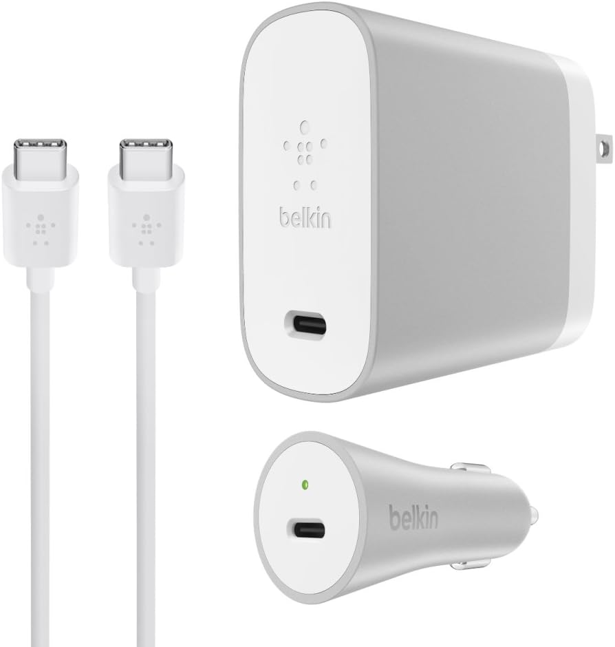 Belkin USB-C Home & Car Charger Kit 45W/27W with 6ft Cable - White/Silver (Renewed)