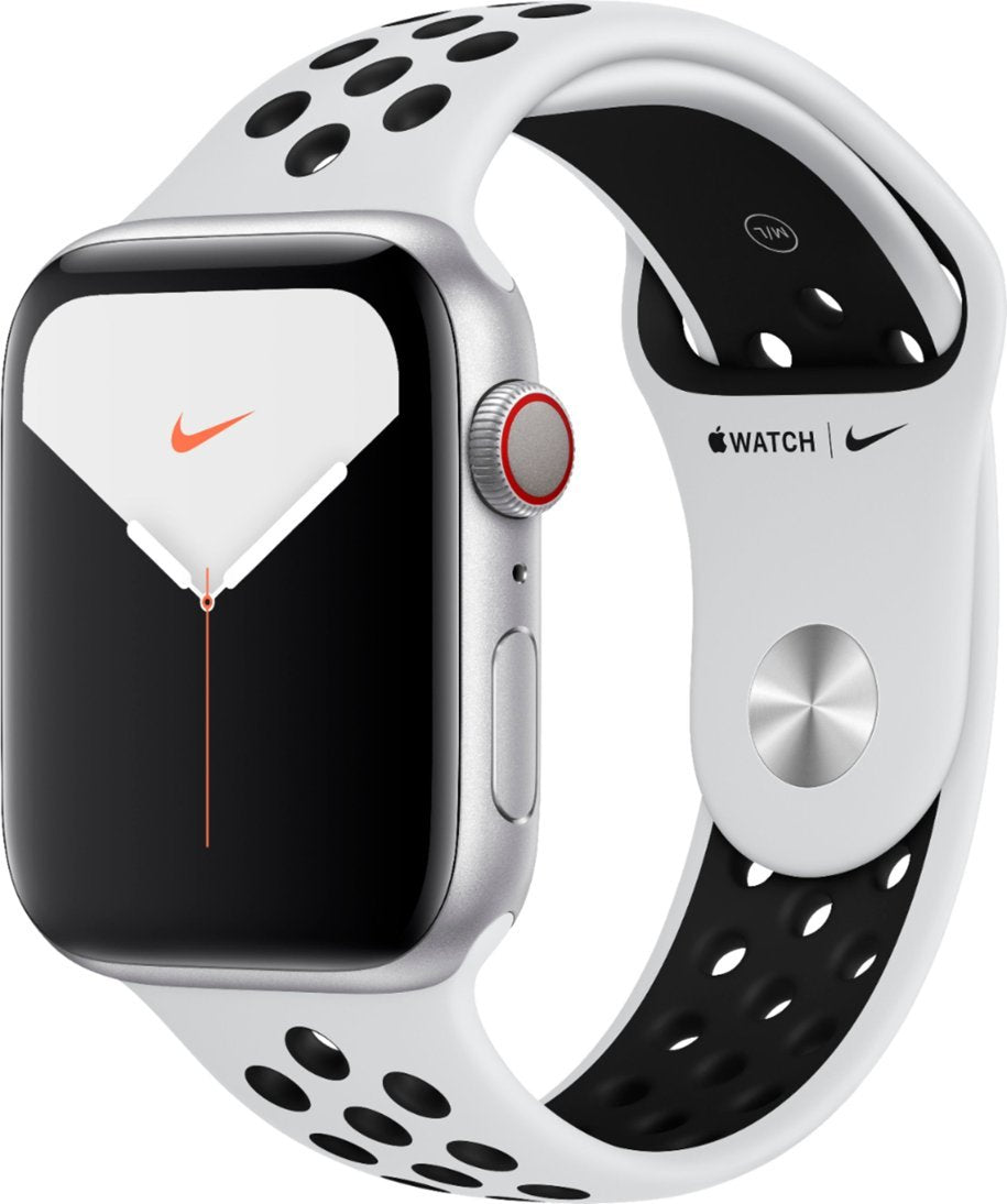 Apple Watch Nike+ Series 5 (2019) 44mm GPS + Cellular -  Silver Case Pure Platinum &amp; Black Nike Sport Band (New)