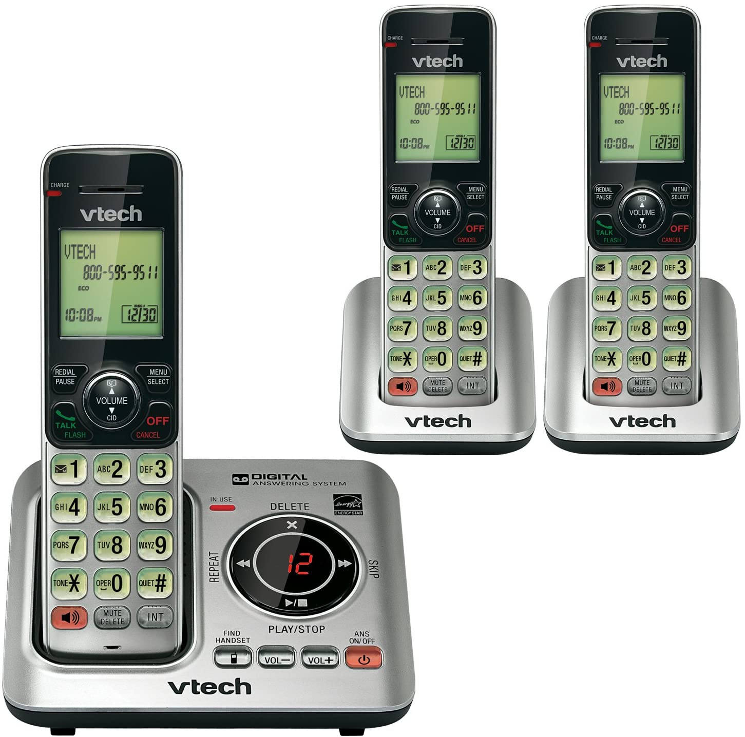 VTech CS6629-3 DECT 6.0 Expandable Cordless Phone, Answering System, 3 Handsets (Refurbished)