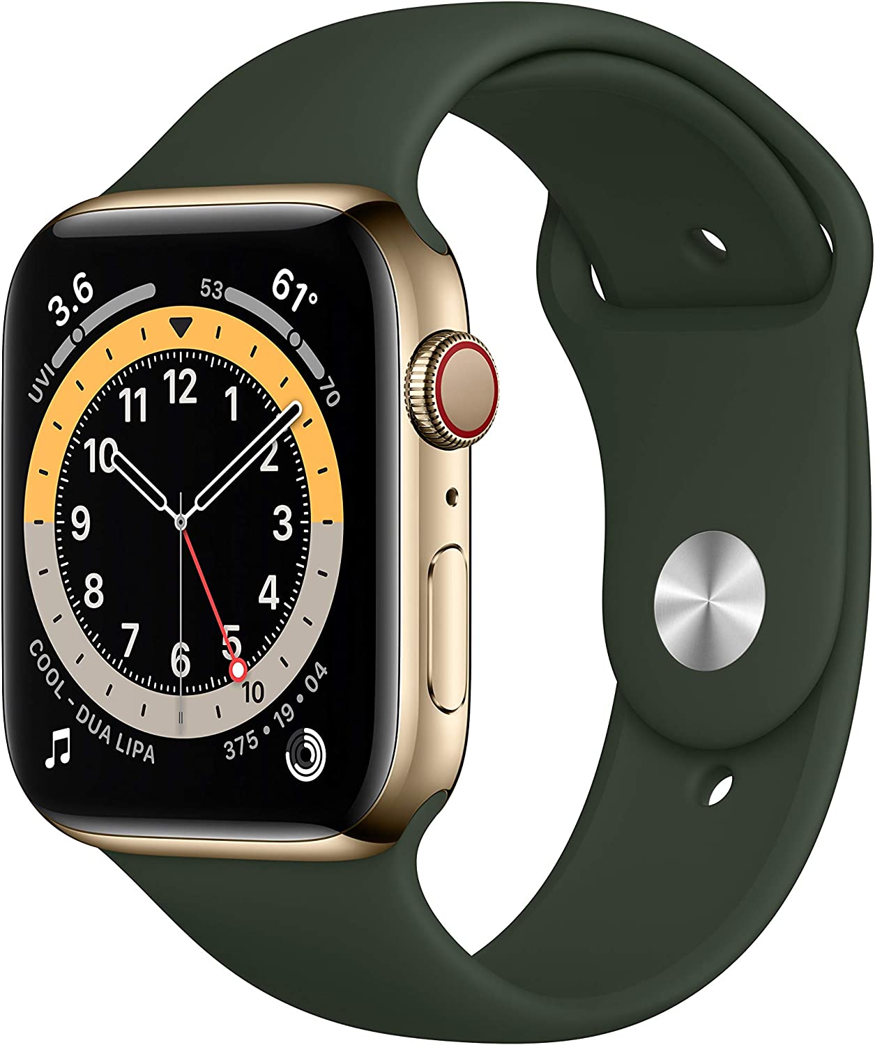 Apple Watch Series 6 GPS + LTE 44MM Gold Stainless Steel Case Cyprus Green Band (Renewed)