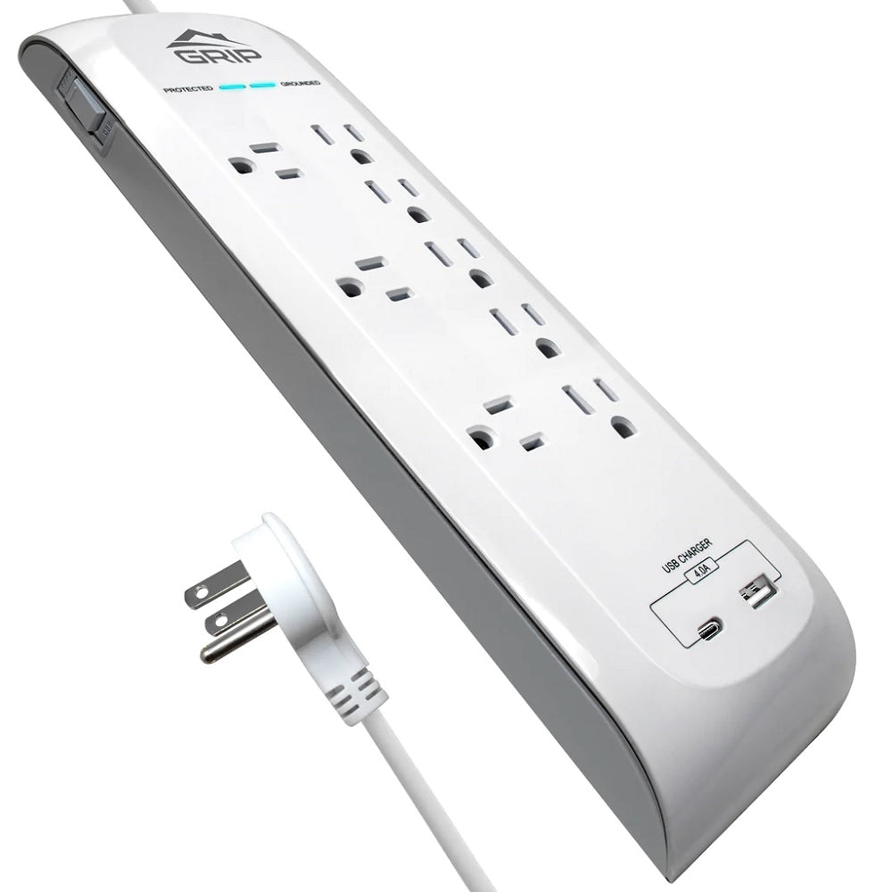 GRiP 8 Outlet Surge Protector w/USB &amp; USB-C Ports and Flat Plug - White (Certified Refurbished)
