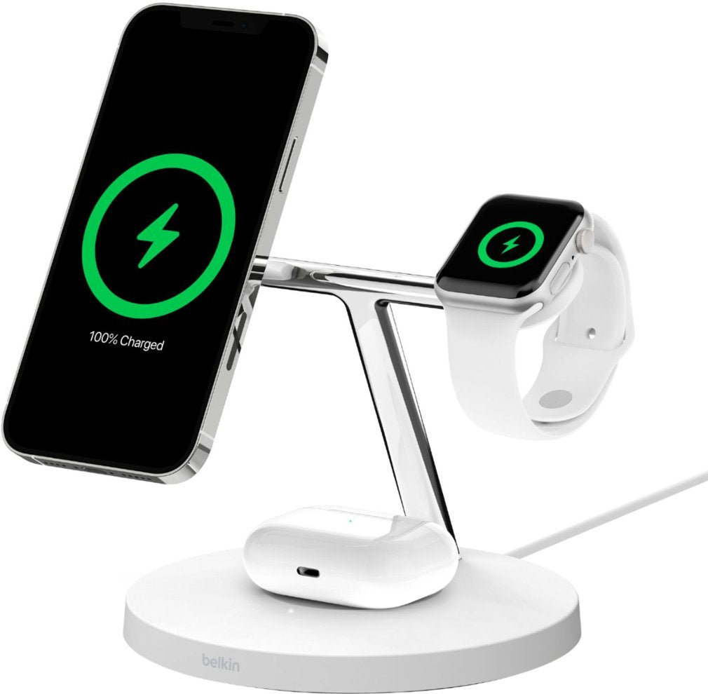 Belkin BOOSTCHARGE PRO 3-in-1 Wireless Charging Stand with MagSafe - White (New)