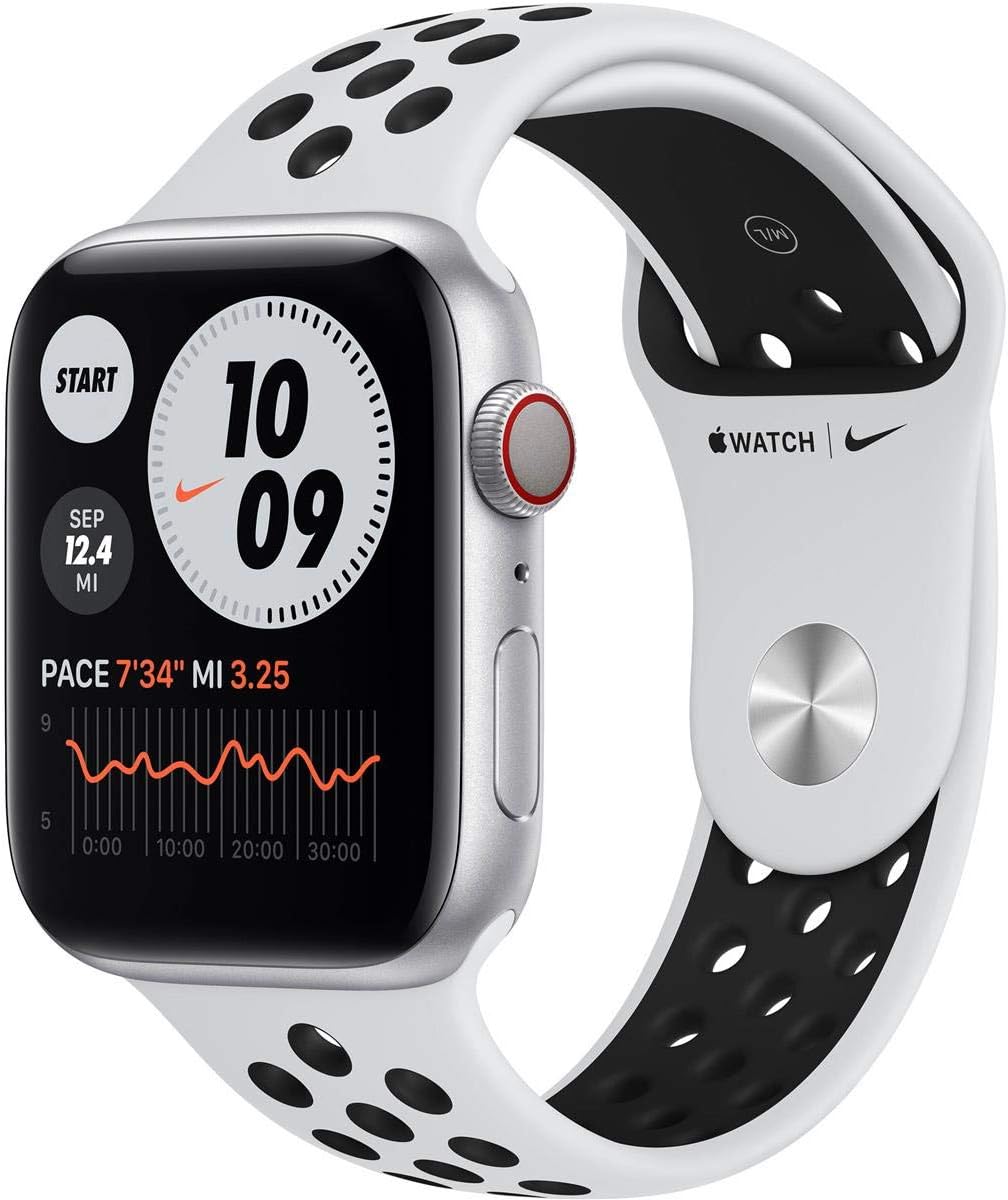 Apple Watch Nike+ Series 6 (2020) 44mm GPS + Cellular -  Silver Case Platinum &amp; Black Nike Sport Band (New)