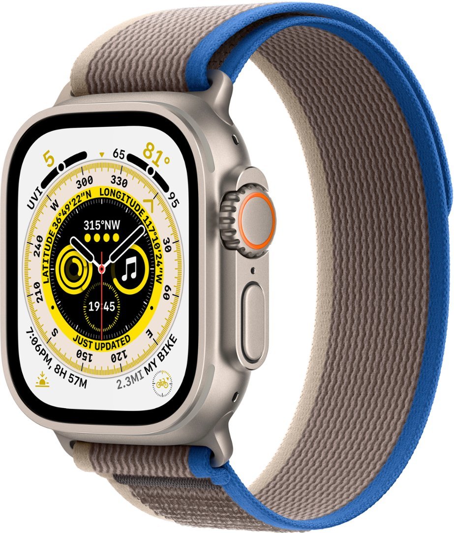 Apple Watch Ultra (GPS + LTE) 49mm Silver Titanium Case &amp; Blue/Gray Trail Loop - S/M (Pre-Owned)