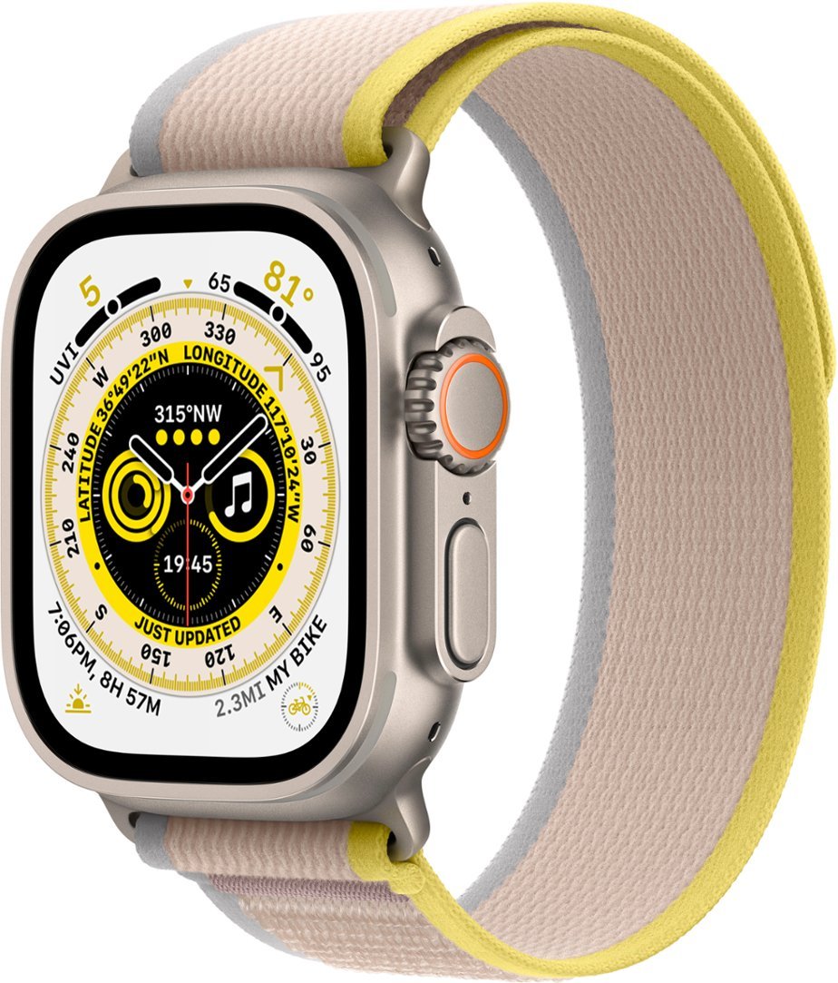 Apple Watch Ultra (GPS + LTE) 49mm Silver Titanium Case &amp; Yellow/Beige Trail Loop - M/L (Pre-Owned)