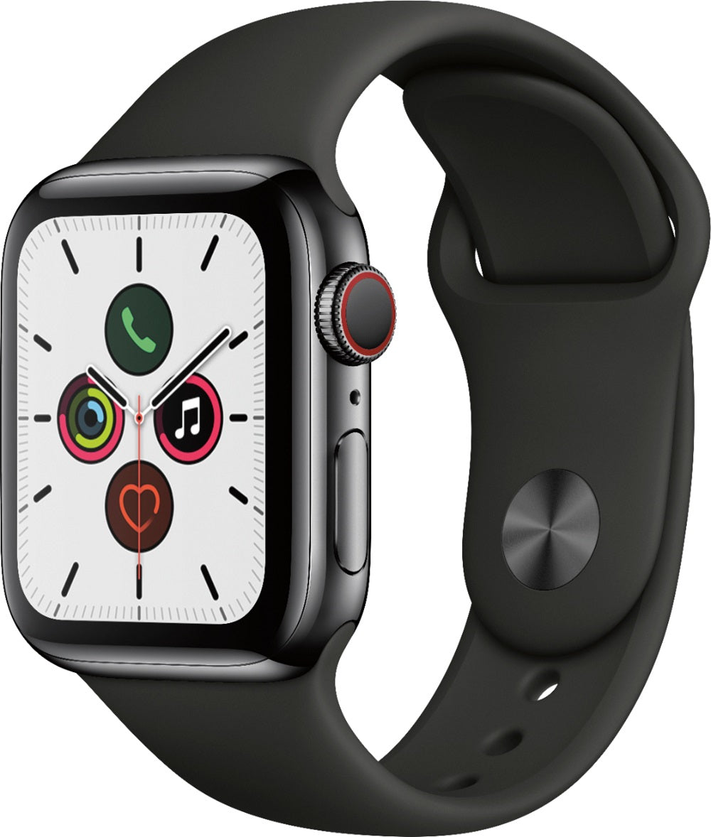 Apple Watch Series 5 GPS+LTE w/ 40MM Black Stainless Steel Case Black Sport Band (Renewed)