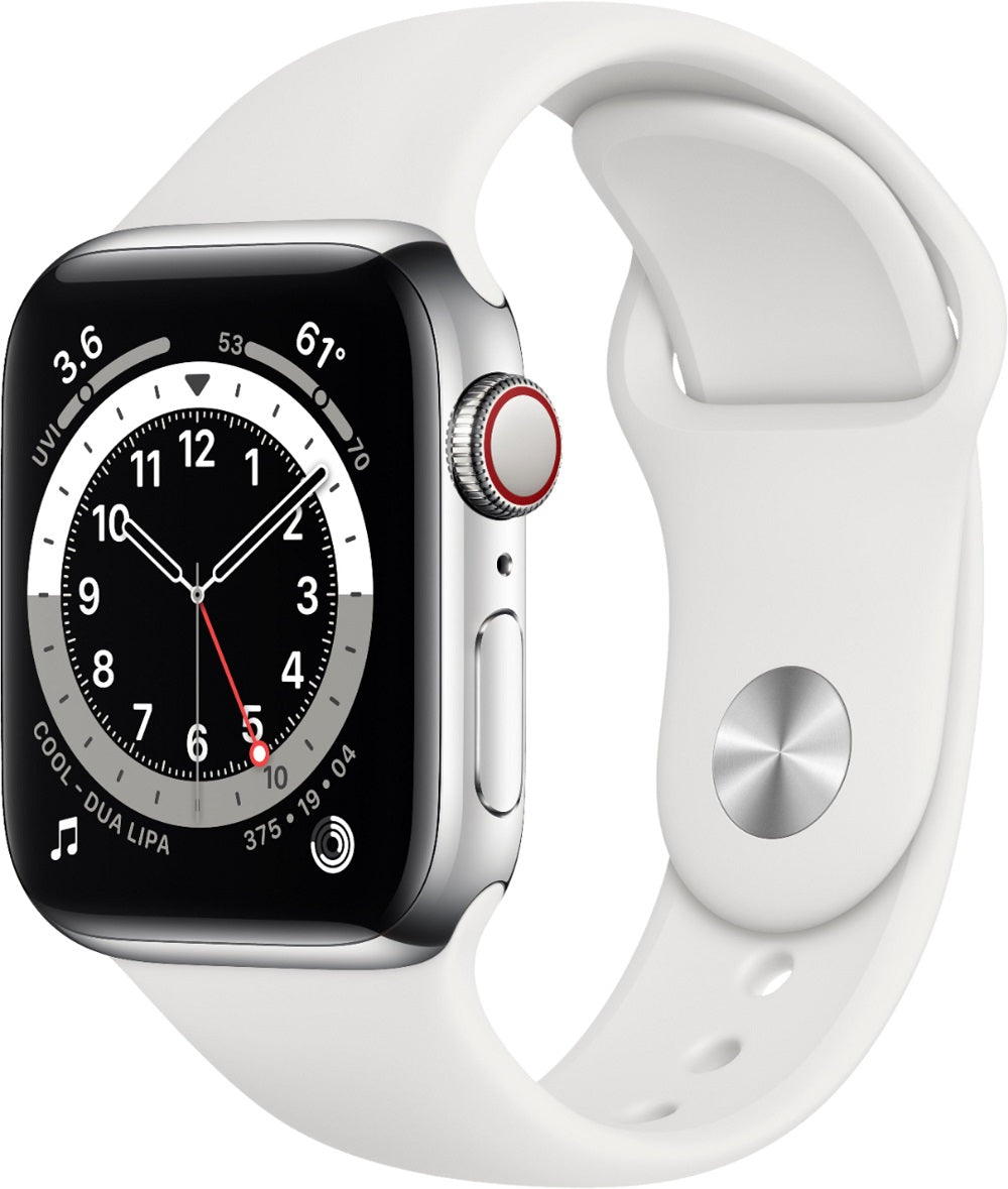 Apple Watch Series 6 (GPS + LTE) 40mm Silver Stainless Steel Case &amp; White Sport Band (Refurbished)