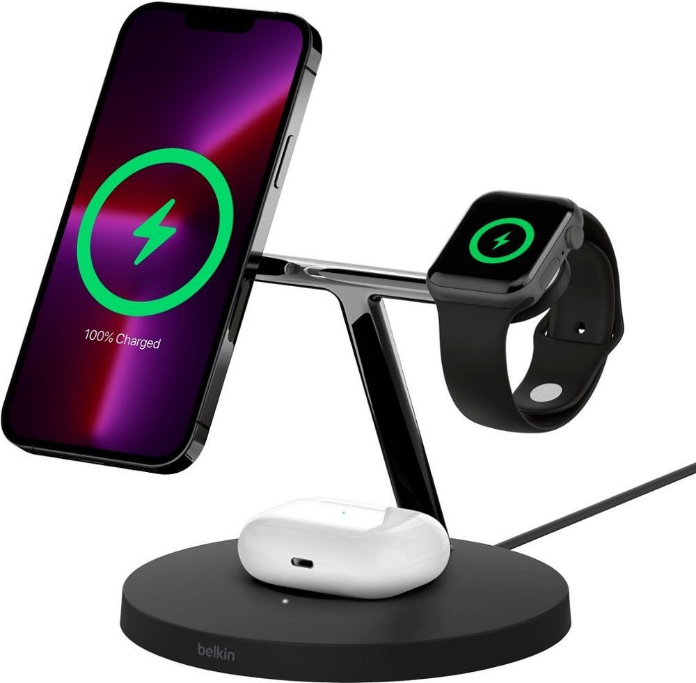 Belkin BOOSTCHARGE PRO 3-in-1 Wireless Charging Stand with MagSafe - Black (Certified Refurbished)