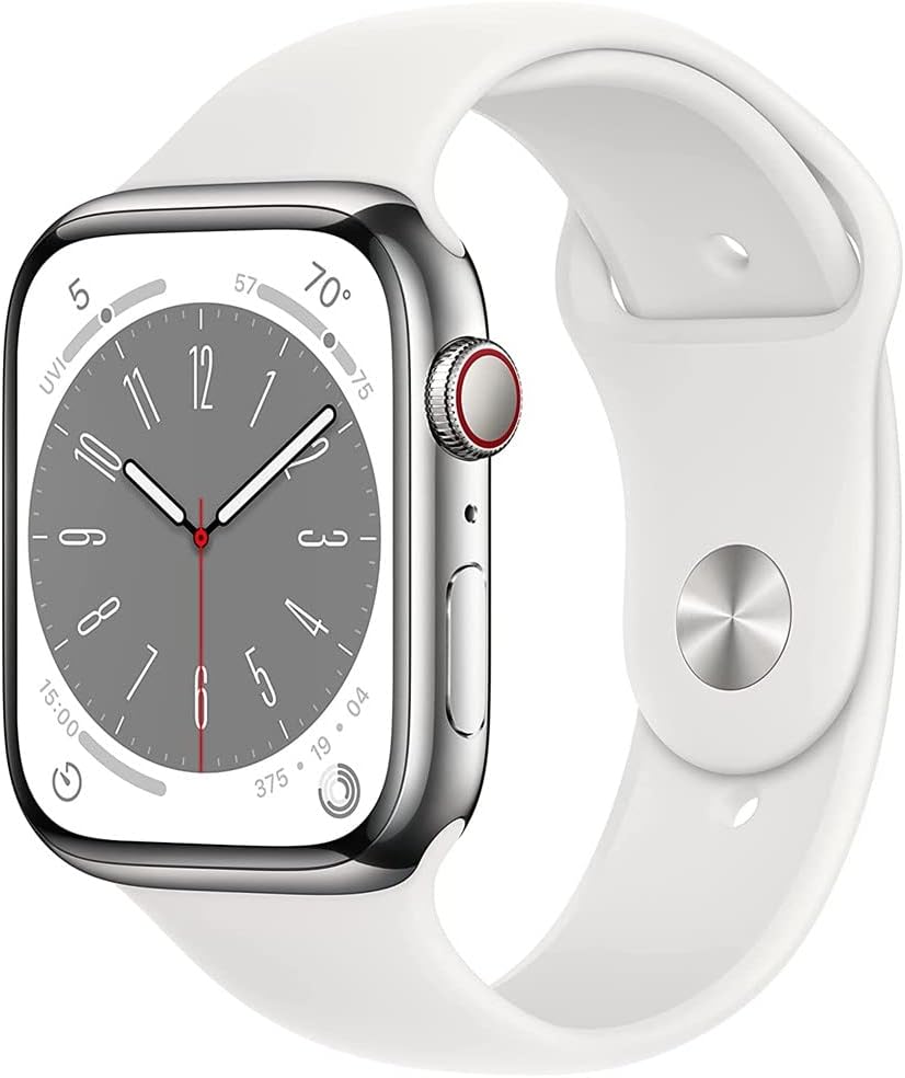 Apple Watch Series 8 (2022) 45mm GPS + Cellular - Stainless Steel Case &amp; White Sport Band (Refurbished)