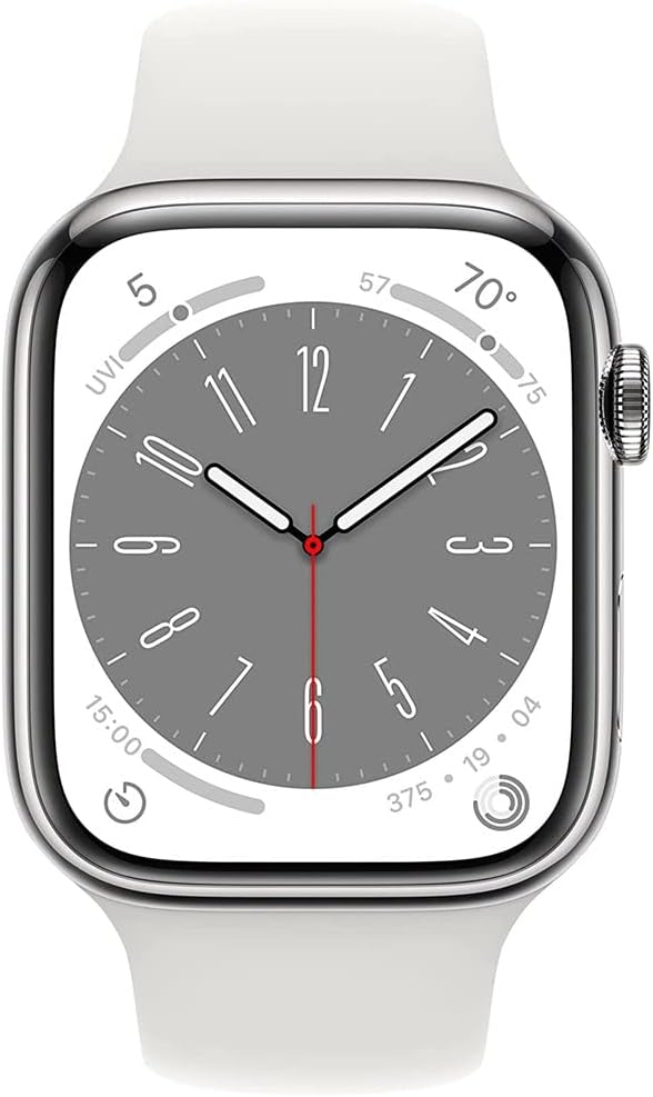Apple Watch Series 8 (2022) 45mm GPS + Cellular - Stainless Steel Case &amp; White Sport Band (Certified Refurbished)