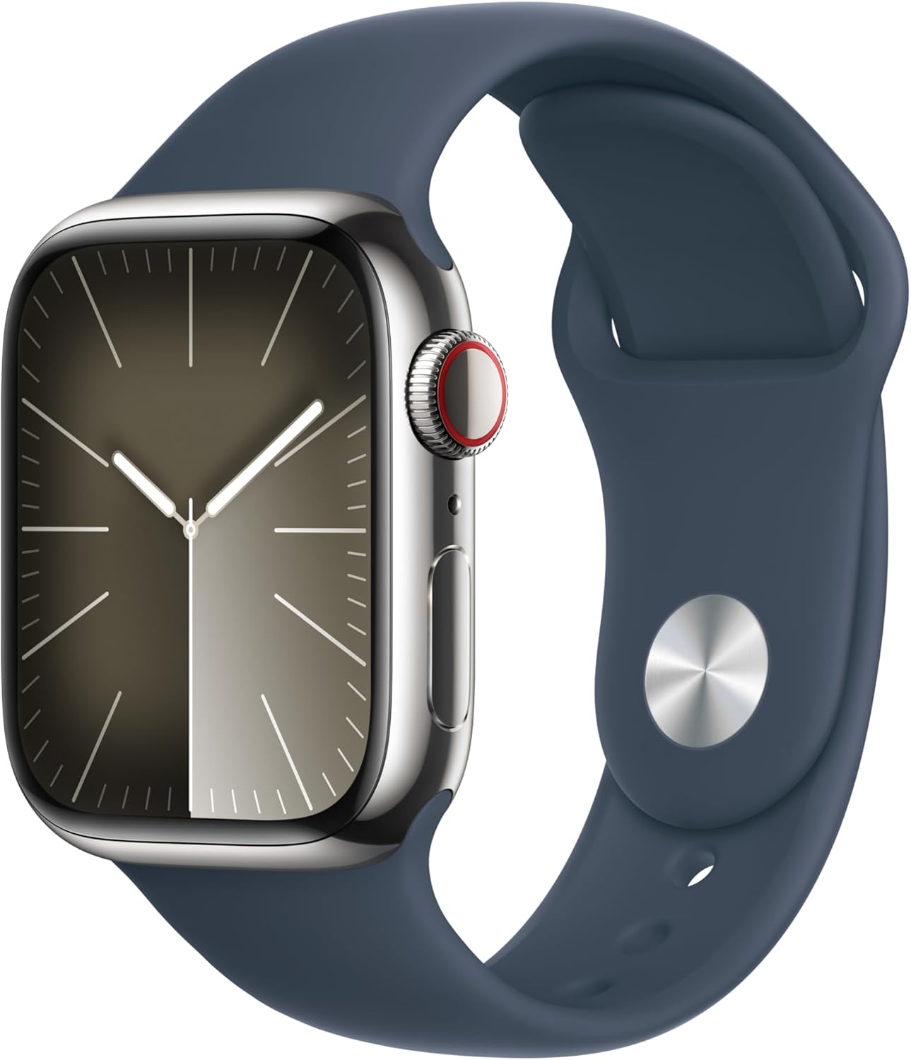Apple Watch Series 9 (GPS + LTE) 45MM Silver Stainless Steel Case Storm Blue Sport Band (Refurbished)