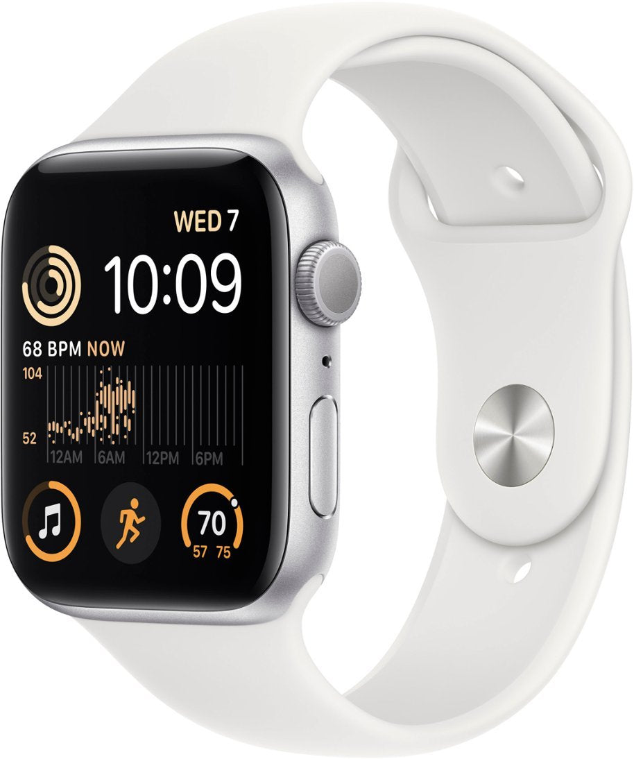 Apple Watch Series SE 2nd Gen (GPS) 44mm Silver Aluminum Case White Sport Band (Renewed)
