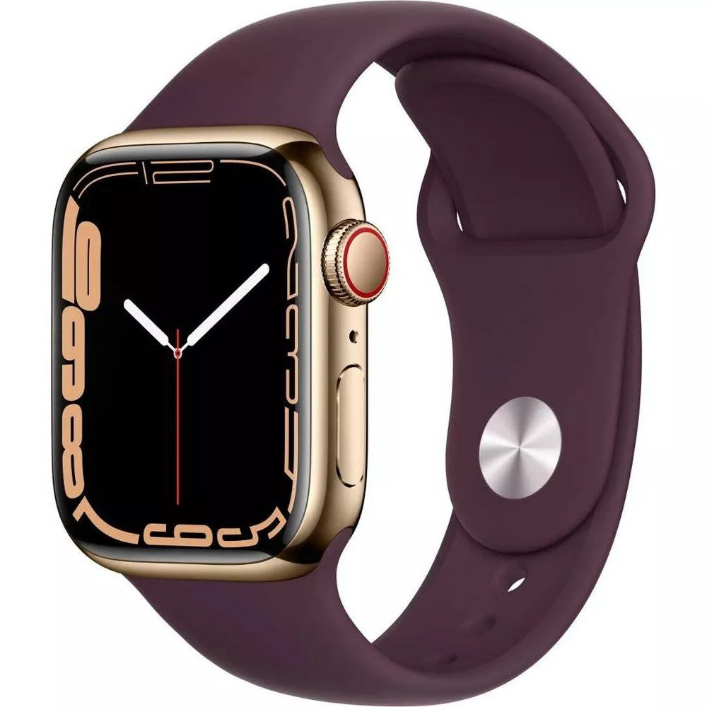 Apple Watch Series 7 (GPS + LTE) 41mm Gold Stainless Steel Case &amp; Dark Cherry Sport Band (Used)